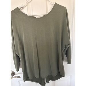 Green Envelope Womens Top Button Back 3/4 Sleeve Olive Green Large